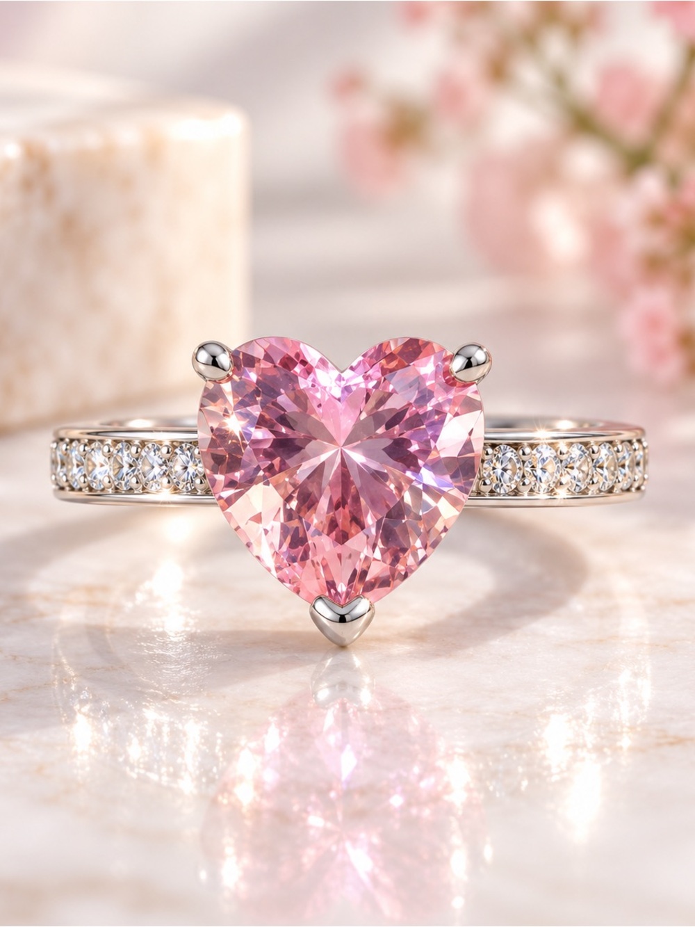 Pink Heart AAA CZ Solitaire Pave Accent Ring Silver Plated Size 7.5 New